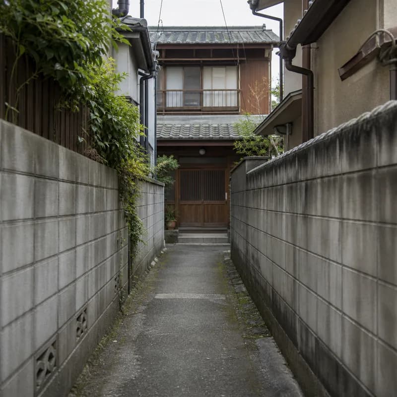 細い路地の奥に建つ家の写真