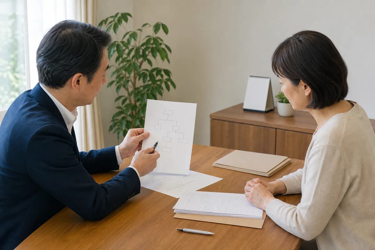 相談室で、専門家と家族が名義や相続の関係資料を確認するイメージ