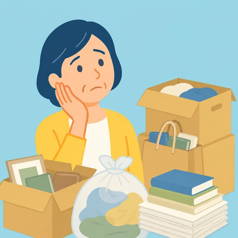 片付け前の家について悩む人のイラスト